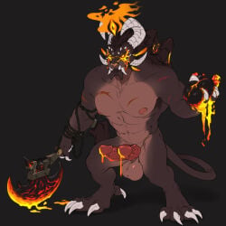 1:1 2021 abs animal_genitalia animal_penis anthro arm_scar axe balls big_feet bioluminescence bodily_fluids chain charr chest_scar claws colored colored_line_art cum curved_horn dark_body dark_fur dewclaw erection fangs feet felid fur genital_fluids genitals glowing glowing_eyes godforged_sigmus guild_wars hi_res holding_axe holding_object horn lava lava_cum male mammal muscular muscular_anthro muscular_male neltruin nipples penis pink_body pink_fur scar solo standing tail tail_tuft teeth tuft unusual_bodily_fluids unusual_cum unusual_genital_fluids yellow_eyes