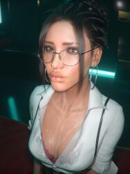 1girls 3d absurd_res absurdres after_facial after_sex bra breasts brown_eyes cd_projekt_red checkpik cleavage clothing cum cum_on_breasts cum_on_face cyberpunk_(series) cyberpunk_2077 dark-skinned_female dark_skin earrings female female_only glasses hi_res highres looking_at_viewer panam_palmer solo solo_female white_shirt