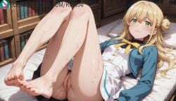 1girls ai_generated artist_name artist_signature bangs bare_legs barefoot bed blonde_hair blush bow breasts cum cum_on_body double_bun dress eyebrows_visible_through_hair feet fur-trimmed_jacket green_eyes hair_between_eyes hair_bun hi_res high_resolution highres indoors kurutai legs long_hair looking_at_viewer lying on_back on_bed pussy pussy_juice selma_karsh sidelocks silent_witch smile soles solo subscribestar subscribestar_username sweat toes uncensored