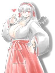 alternate_costume cleavage female hakama huge_breasts itini-sanshi japanese_clothes long_hair miko red_eyes rozen_maiden shrine_maiden silver_hair suigintou tagme