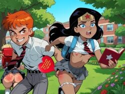 1boy 1girl ai_generated dcau diana_prince justice_league_unlimited outdoors paddle school_uniform schoolgirl