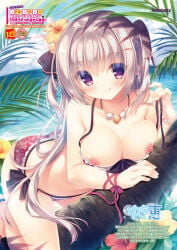 bangs beach bikini bikini_pull blue_sky blush breasts breasts_out brown_eyes cloud cloudy_sky collarbone day eyebrows_visible_through_hair female floral_print flower frilled_bikini frills grey_hair hair_flower hair_ornament highres long_hair looking_at_viewer medium_breasts nipples ocean original outdoors shiny shiny_hair sky solo swimsuit tree yukie