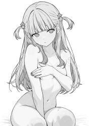 1girls breasts covered_nipples covering covering_breasts danimocles female hololive hololive_regloss long_hair monochrome naked navel nude small_breasts solo todoroki_hajime