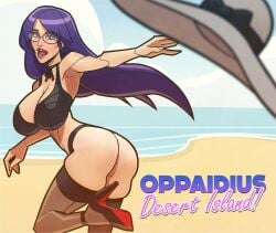 1girls angela_(sbargisoft) ass balsamique beach big_ass big_breasts breasts busty cleavage curvy huge_breasts large_breasts legs long_hair oppaidius_desert_island! purple_hair red_eyes sbargisoft small_waist solo solo_female thick_thighs thighs voluptuous wide_hips