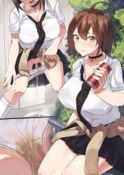 1girl azur_lane baltimore_(after-school_ace)_(azur_lane) baltimore_(azur_lane) bathroom black_neckwear black_skirt blush breasts breath brown_cardigan brown_hair bush can cardigan cardigan_around_waist choker cleavage clothes_around_waist collarbone drink_can holding large_breasts looking_at_viewer minamimachi_naname multiple_views necktie open_mouth panties panty_pull pee_stain peeing puddle pussy shirt short_hair short_sleeves sitting skirt smile soda_can stained_panties standing steam sweat teeth uncensored underwear wall wet wet_clothes wet_panties white_panties white_shirt yellow_eyes