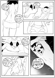 border butt casual_exposure casual_nudity cfnm clothing comic deltarune duo embarrassed embarrassing_exposure embarrassing_nudity english_text feet female forced forced_exposure forced_undressing genitals hi_res kris_dreemurr male massage massage_table monochrome nude only_one_nude penis saikoart tasque_manager text towel towel_only undertale_(series) undressing white_border