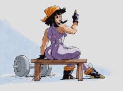 1girls ass bandana bench boots female fingerless_gloves looking_back pan_(dragon_ball) smile sweat unitard