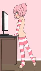 1girls aashenrosie_(artist) armwarmers armwear ass doki_doki_literature_club fat_ass female female_only hairclip looking_at_screen looking_at_tv naked natsuki_(doki_doki_literature_club) nude open_mouth pink_armwear pink_eyes pink_hair pink_stockings small_breasts small_chest smiling solo standing stirrup_legwear stockings streaming striped_armwear striped_stockings tv twintails