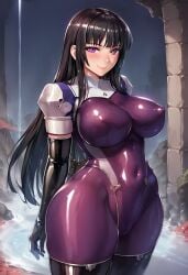 ai_generated big_ass civitai huge_breasts impossible_clothes kamori_sayaka latex_clothing latex_gloves latex_legwear latex_thighhighs nun nun_outfit purple_bodysuit rindou_aya_style shiny_clothes voluptuous