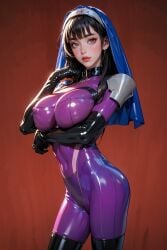 ai_generated big_ass civitai huge_breasts impossible_clothes kamori_sayaka latex_clothing latex_gloves latex_legwear latex_thighhighs nun nun_outfit purple_bodysuit rindou_aya_style shiny_clothes voluptuous