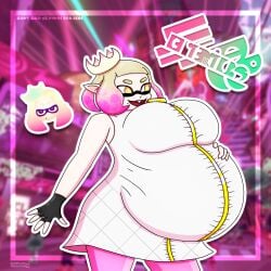 2d breasts clothed crown dress female female_only fingerless_gloves gloves gold_eyes hand_on_belly hi_res highres idol idol_outfit inkloving leggings looking_away mole mole_under_mouth off_the_hook_(splatoon) pearl_(splatoon) pink_background pink_hair pink_leggings pregnant pregnant_belly pregnant_female ring shiny_skin short_hair sleeveless splatoon tentacle tentacle_hair white_dress yellow_hair zipper