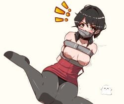 1girls ada_wong arms_behind_back black_hair bondage bondco bound bound_arms exposed_breasts female female_only femsub gag gagged pantyhose png resident_evil tape tape_gag