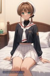 1girl ai_assisted ai_generated bedroom black_shirt breast_bigger_than_head brown_hair completely_naked detailed_background flat_chest gigantic_breast glistening_skin green_eyes highres inverted_nipples long_sleeves looking_at_viewer pleated_skirt sakura_kinomoto source_anime sweating thin_waist voluptuous_body white_neckerchief white_sailor_collar white_skirt wide_hips