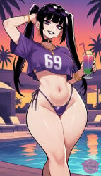 ai_generated barely_clothed big_breasts bikini black_hair black_lipstick black_makeup black_nail_polish black_nails bracelets breasts choker drink_in_hand earrings gold_(metal) gold_collar gold_earrings gold_jewelry goth goth_girl goth_makeup gothic grand_theft_auto grand_theft_auto_vi gta_vi_cover_girl jorgecarlosai legs lipstick long_hair navel purple_bikini purple_eyes purple_shirt purple_thong shirt side-tie_bikini side-tie_panties small_shirt thighs thong twin_tails twintails twintails_(hairstyle) watermark