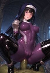 ai_generated big_ass civitai huge_breasts impossible_clothes kamori_sayaka latex_clothing latex_gloves latex_legwear latex_thighhighs nun nun_outfit purple_bodysuit rindou_aya_style shiny_clothes voluptuous