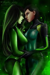 2girls black_hair bodysuit crossover disney disney_channel eye_contact female female_only green_skin kim_possible latex latex_gloves latex_suit marikoneko marikoneko0 riot_games shego standing valorant viper_(valorant) yuri