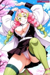 1girl ai_assisted ai_generated areola_slip arms_up belt black_skirt blush braid breasts cameltoe cherry_blossoms day demon_slayer demon_slayer_uniform gradient_hair green_eyes green_hair haori japanese_clothes kanroji_mitsuri kimetsu_no_yaiba large_breasts long_hair long_sleeves looking_at_viewer mitsuri mitsuri_kanroji mole mole_on_thigh mole_under_eye multicolored_hair nipples open_clothes panties patreon pink_hair pleated_skirt sandals skirt sky smile solo stelmazura thighhighs thighs twin_braids two-tone_hair underwear white_panties