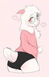 1boy 2d anthro anthro_male anthro_only ass black_shorts caprine clothed clothing colored deltarune femboy fur furry furry_male furry_only girly glasses green_glasses heart hi_res humanoid humanoid_male humanoid_only looking_at_viewer male male_only mammal mammal_humanoid myoukky pink_background pink_eyes pink_horns ralsei ralsei_with_white_fur solo solo_male tail undertale_(series) white_fur