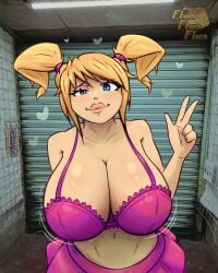 1girls big_breasts big_lips bimbo bimbo_lips blonde_hair blue_eyes bra breast_window breasts breasts_bigger_than_head casual_exposure female female_focus female_only flanflanflanart huge_breasts light_skin miniskirt one_eye_half-closed peace_sign photo_background pigtails pink_lingerie real_life_background solo thick_hips thick_lips thick_thighs twintails