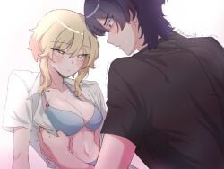 1boy 1girl blonde_female blonde_hair blush breasts busty busty_female female genshin_impact light-skinned_female light_skin looking_at_breasts lumine_(genshin_impact) male male/female mihoyo open_shirt scaramouche_(genshin_impact) straight taking_clothes_off trembling_lines undressing undressing_another wanderer_(genshin_impact)