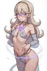 ai_generated corrin_(fire_emblem) corrin_(fire_emblem)_(female) fire_emblem harem_outfit hoipo hypnosis hypnotic_eyes hypnotized mind_control see-through_clothing silver_hair small_breasts