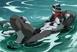 2022 4_toes 5_fingers anthro canid canine canis claws day detailed_background digital_media_(artwork) domestic_dog featureless_crotch feet fingers green_eyes hair kodashi male male_focus male_only mammal outside partially_submerged red_hair smile solo toes