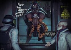 altyren_therein animal_genitalia anthro balls big_breasts big_penis black_body black_fur black_hair bodily_fluids bone breasts canid canine duo english_text erection felid feline fur genital_fluids genitals gynomorph hair hi_res intersex intersex/male male malo mammal nipples nude penis profanity scp-1471-a scp_foundation size_difference skull skull_head tail text thick_thighs tiger_daemon tiger_demon tussamag