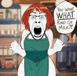 apron barista dialogue glasses ochako_uraraka open_mouth shocked soyjak starbucks