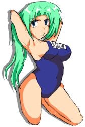 07th_expansion 1girls absurdres armpits arms_behind_head big_breasts blue_eyes breasts busty female female_only green_hair highres higurashi_no_naku_koro_ni large_breasts legs long_hair mion_sonozaki one-piece_swimsuit ponytail pose posing sideboob solo swimsuit thighs