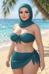 ai_generated bandeau beach belly_button bikini black_outline brown_eyes cleavage eyelashes female front-tie_bikini_top gemini grok hijab hijabi large_breasts lips looking_at_viewer mature_female midriff milf ocean ocean_background palm_leaf palm_tree rgomez007 sarong self_upload smiling_at_viewer solo_female standing swimsuit teal_clothing thick_thighs voluptuous wide_hips
