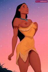1girl ai_assisted ai_generated bare_shoulders black_eyes black_hair breasts dark-skinned_female dark_nipples dark_skin disney disney+ disney_princess dress female_pubic_hair jewelry lips long_hair medium_breasts necklace nipples no_bra no_panties one_breast_out orange_dress outdoors parted_lips patreon petals pocahontas pocahontas_(character) pocahontas_(disney) pubic_hair pussy sky solo standing stelmazura yellow_dress