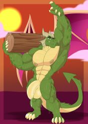abs absurd_res activision anthro arcwuff balls biceps big_balls big_muscles big_penis bodily_fluids claws countershade_torso countershading dragon dripping eyebrows flaccid frill_(anatomy) full-length_portrait genital_fluids genitals green_body green_eyes hi_res holding_object horn huge_balls huge_penis log looking_at_viewer male multicolored_body muscular muscular_anthro muscular_male mythological_creature mythological_scalie mythology nestor_(spyro) nipples nude outside pecs penis pinup portrait pose precum precum_drip raised_arm rescued_dragons_(spyro) scales scalie smile solo spade_tail spyro_reignited_trilogy spyro_the_dragon standing sun sweat sweatdrop sweaty_body tail thick_eyebrows two_tone_body ventral_scales wings wood yellow_body yellow_countershading