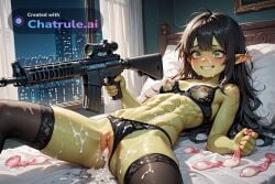 1girl abs after_sex ai_assisted ai_generated aiming_at_viewer bare_shoulders bedroom black_hair black_lingerie black_stockings condom cum_covered cum_on_body cum_on_clothes cum_on_face filled_condom green_eyes green_skin highres holding_gun holding_used_condom laying_on_back laying_on_bed long_hair messy_hair night nipples on_back panties_aside pistol pleasure pointy_ears serafuku shocked_eyes small_breasts thick_cum tiny_tits white_curtains