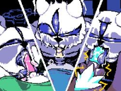 3_panel_comic 4:3 aggressive_fellatio animal_genitalia animal_penis anthro audio_jack bedroom_eyes belt blush bodily_fluids bovid cap'n_(deltarune) caprine caprine_genitalia caprine_penis clover_(deltarune) cum cum_on_tongue darkner deltarune digital_media_(artwork) drooling european_mythology eye_contact eyes_closed fellatio fellatio_from_feral female feral first_person_view genital_fluids genitals goat greek_mythology gynomorph gynomorph/female half-closed_eyes hi_res holding_face horn humanoid hydra intersex intersex/female knot knotted_penis licking looking_at_another looking_at_viewer machine male male/female mammal miner_mate_coffee motion_blur mythology narrowed_eyes open_belt oral penile penis penis_lick pixel_(artwork) pubes pursed_lips ralsei robot robot_penis saliva saliva_on_penis seductive sex speed_lines teeth tongue tongue_taco toothy_fellatio trans_(lore) undertale_(series) unusual_anatomy unusual_genitalia unusual_penis werewerewire