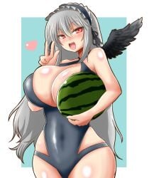 big_ass female huge_breasts itini-sanshi long_hair peace_sign red_eyes rozen_maiden silver_hair smile suigintou swimsuit tagme watermelon wings