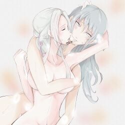 2girls bad_censor blue_eyes blush breasts byleth_(fire_emblem) byleth_(fire_emblem)_(female) closed_eyes color colored completely_nude covering edelgard_von_hresvelg female female_only fingering fingering_partner fire_emblem fire_emblem:_three_houses heavy_breathing hug kuma_tchi long_hair medium_breasts multiple_girls nintendo nude nude_female open_mouth smile sweat teal_hair text translation_request white_hair yuri くまっち