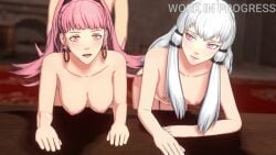 1boy 1male 2girls 3d animated areola assisted_fellatio blowjob blush breast_grab cum cum_on_face doggy_style fellatio fire_emblem fire_emblem:_three_houses group_sex handjob hilda_valentine_goneril large_breasts light-skinned_male looking_pleasured lysithea_von_ordelia naked nintendo nipple_piercing no_sound nude oral overused23 pale-skinned_female pink_hair sex sex_from_behind table threesome twintails video watching white_hair