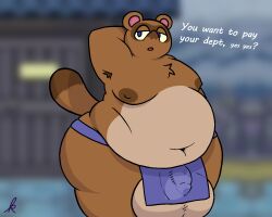 2022 animal_crossing anthro balls belly big_balls bigtimekudo brown_body brown_fur bulge canid canine colored dialogue digital_drawing_(artwork) digital_media_(artwork) english_text fat fur genital_outline genitals huge_balls humanoid_genitalia humanoid_penis male male_only mammal moobs navel nintendo nipples obese obese_anthro obese_male overweight overweight_anthro overweight_male penis penis_outline raccoon_dog shaded signature simple_background solo standing tanuki text tom_nook video_games wide_hips