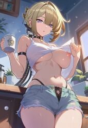 1girls 2026 ai_generated alternate_costume belly_button big_ass big_breasts big_nipples big_thighs black_panties blonde_female blonde_hair blue_shorts day evelyn_chevalier exposed_breasts exposed_legs exposed_midriff exposed_nipples female female_focus female_only hentai holding_object hoyoverse kitchen looking_at_viewer low-angle_view lunealter mature_female midriff mihoyo more_at_source multicolored_eyes no_bra pale-skinned_female pale_skin patreon shirt_up showing_breasts thick_ass thick_hips thick_legs thick_thighs tied_hair uncensored white_shirt zenless_zone_zero