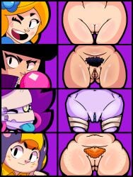 2d 2d_(artwork) 2d_artwork 4girls bea_(brawl_stars) beige_skin bibi_(brawl_stars) black_hair blue_hair blush brawl_stars brawler chart comparing_pussy comparison completely_nude emz_(brawl_stars) fat fat_female fat_thighs female female_only hair hairy hairy_pussy icon mummy naked nude nude_female orange_hair piper_(brawl_stars) purple_background pussy pussy_chart pussy_comparison pussy_focus pussy_hair pussy_lips pussy_peek shaved_pussy spread_legs supercell thick_legs thick_thighs thighhighs thighs
