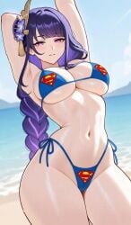 1female 1girl 1girls ai_assisted ai_generated beach bikini bikini_bottom bikini_only bikini_top blue_bikini camel_toe cameltoe crossover crossover_cosplay dc dc_comics genshin_impact hair_ornament long_hair looking_at_viewer purple_eyes purple_hair raiden_shogun solo solo_female solo_focus stretching superman_(cosplay) superman_logo themed_clothes