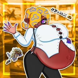 2d bra_peek breasts button_down_shirt button_pop collar hand_on_belly hat hi_res highres inkloving leggings looking_away pants pregnant pregnant_belly purple_eyes shiny_skin shirt splatoon sports_bra suspenders tao_blu_(splatoon) tentacle tentacle_hair waving yellow_background yellow_hair