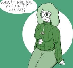 braces cum freckles glasses green_hair hazel_(rebecca_doodles) huge_breasts paizuri paizuri_under_clothes sweater