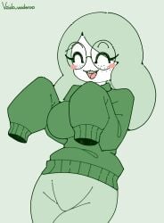 braces freckles glasses green_hair hazel_(rebecca_doodles) huge_breasts sweater voidovoiderino