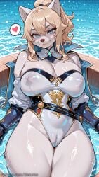 1girl ai_generated animal_ears blonde_hair blue_eyes breasts cameltoe cleavage covered_nipples decurse furrification furry furry_female genshin_impact heart jean_gunnhildr large_breasts looking_at_viewer ponytail smile snout solo spoken_heart thighs water