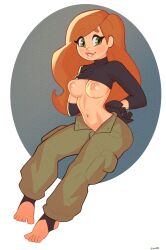 1girls areola areolae breasts clothed clothing disney disney_channel exposed_breasts feet female female_only gloves green_eyes kim_possible kimberly_ann_possible klimspree long_hair looking_at_viewer navel nipples no_nra orange_hair simple_background smile solo solo_female stirrup_legwear wide_hips