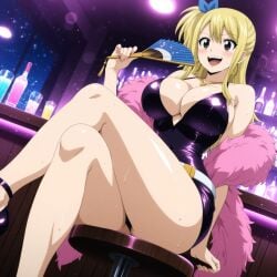 ai_generated big_breasts dress fairy_tail happy heels lucy_heartfilia sitting sitting_on_chair tavern thick_thighs