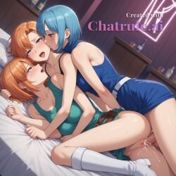 1boy 1girl 2girls 2girls1boy ai_assisted ai_generated bed blue_eyes blush breasts_out closed_mouth collarbone cowboy_shot drunk dutch_angle facing_each_other indoors kissing laying_down laying_on_top legs_apart legs_open looking_at_viewer missionary_position multiple_partners neon_lights on_bed on_side orange_hair prostitution side_view solo source_anime tank_top the_quintessential_quintuplets threesome top_down white_belt white_boots