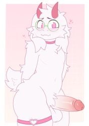 2_horns anthro balls big_penis blush blush_lines bovid caprine cheek_tuft chest_tuft choker colored deltarune digital_drawing_(artwork) digital_media_(artwork) erection eyewear facial_tuft femboy flat_colors fur genitals glasses goat head_tuft heart_symbol hi_res horn humanoid_genitalia humanoid_penis jewelry looking_at_viewer male mammal monotone_body monotone_fur navel necklace nude ohalphabetboyy penis pink_choker pink_eyes pink_jewelry pink_necklace ralsei round_glasses smile solo tail thick_thighs tuft undertale_(series) wearing_glasses white_body white_fur