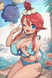1girls alternate_costume alternate_version_available beach bikini blue_eyes blush blushing breasts colored fanning_self female female_only game_freak gonzarez huge_breasts jumpluff looking_at_viewer navel nintendo ocean palm_tree pokemon pokemon_(species) pokemon_bw red_hair sand skyla_(pokemon) smiling smiling_at_viewer sweat sweating swimsuit tagme thick_thighs thighs tugging_clothing water